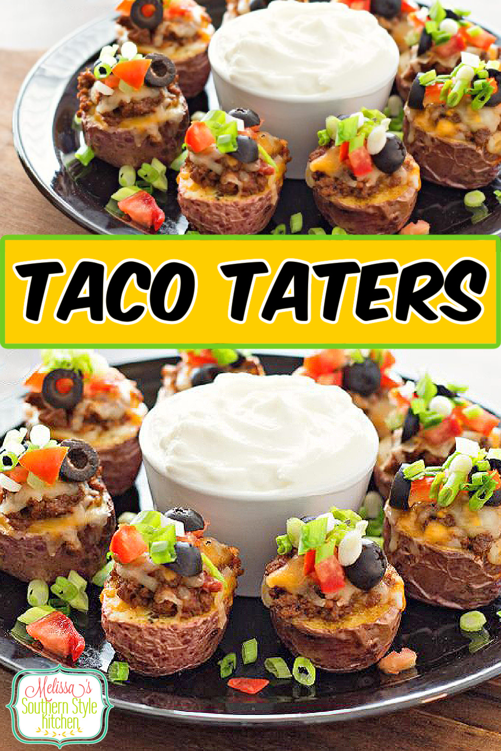 Up your game day snack menu with these mini Taco Taters served topped with all of your favorite South of the border taco fixing's #tacos #tacotaters #potatoes #potatoskins #gamedaysnacks #appetizers #tacotuesdayrecipes #southernstyle via @melissasssk