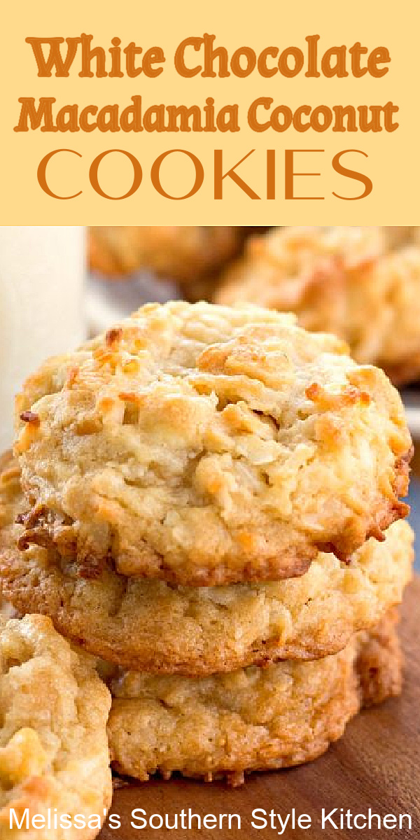 These loaded White Chocolate Macadamia Coconut Cookies won't last long in your cookie jar #whitechocolatechipcookies #coconutcookies #macadamianuts #christmascookies #cookierecipes #coconut #desserts #dessertfoodrecipes #chocolatechipcookies #cookies #holidaybaking #bestcookierecipes #southernfood #southernrecipes