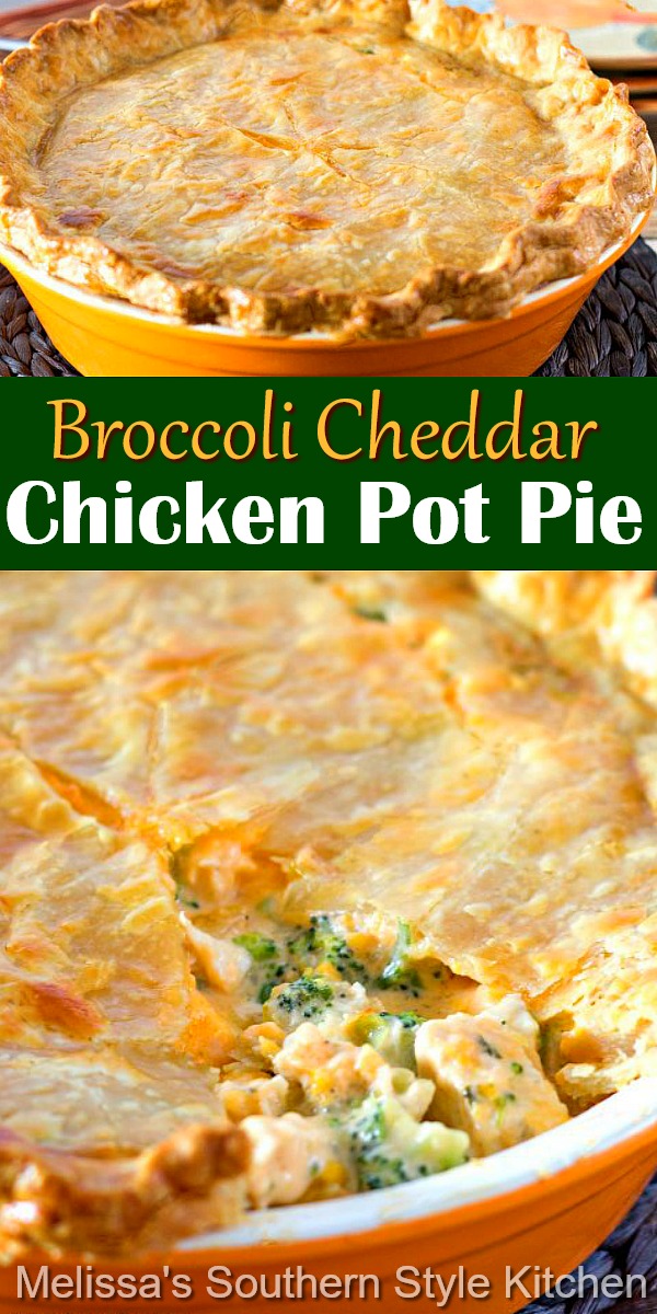 This cheesy Broccoli Cheddar Chicken Pot Pie is a delicious twist on a comfort food classic. #chickenpotpie #broccolicheddar #easychickenrecipes #chickenrecipes #broccolicheddarchicken #dinner #dinnerideas #southernfood #southernrecipes via @melissasssk