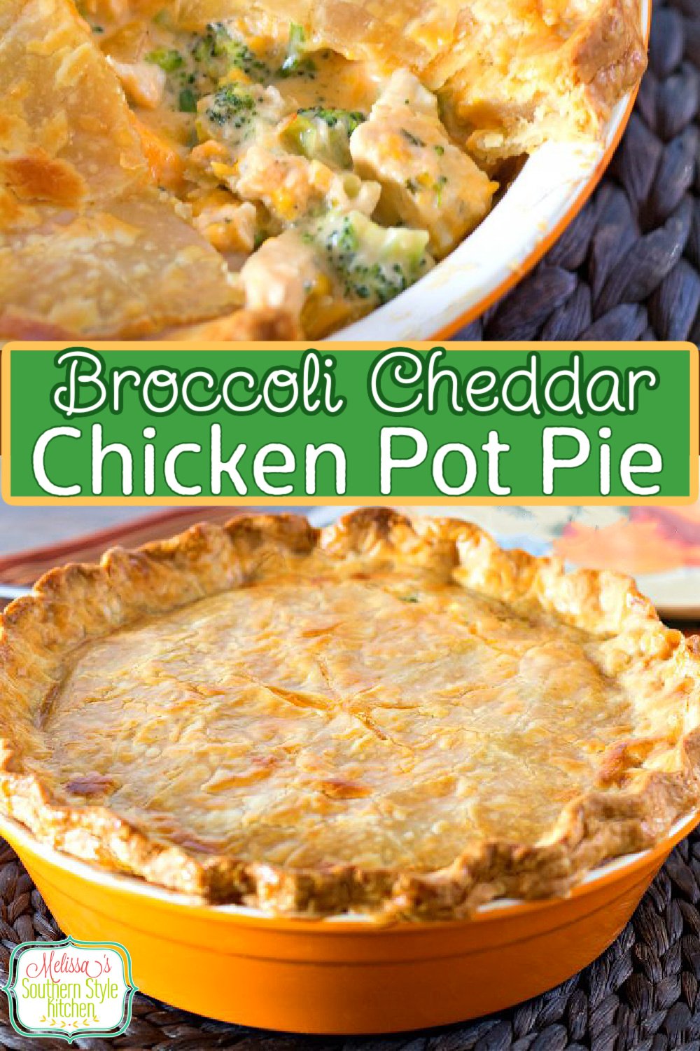 This cheesy Broccoli Cheddar Chicken Pot Pie is a delicious twist on a comfort food classic. #chickenpotpie #broccolicheddar #easychickenrecipes #chickenrecipes #broccolicheddarchicken #dinner #dinnerideas #southernfood #southernrecipes via @melissasssk