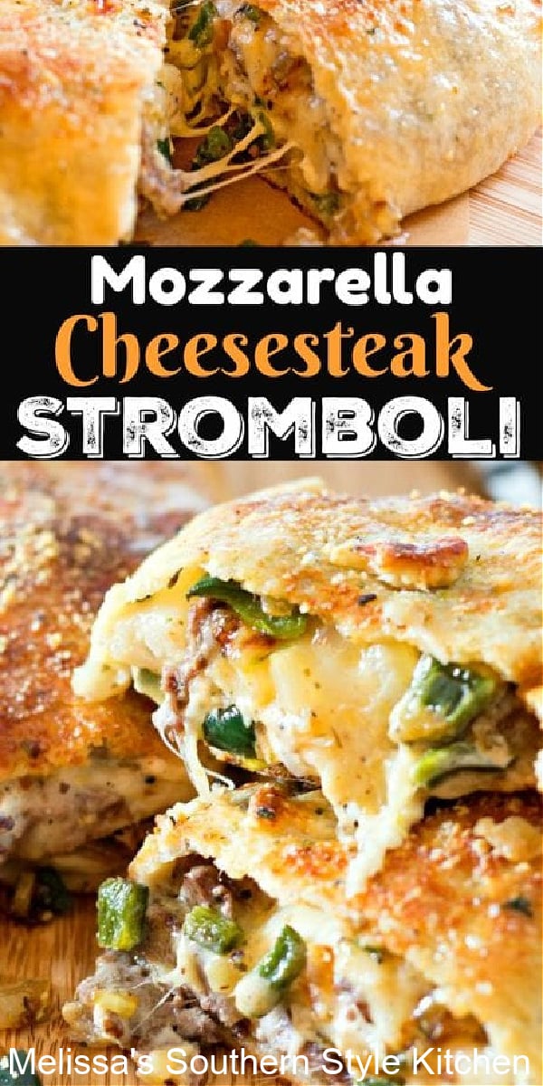 You'll save money and time when you serve this gooey family-style Mozzarella Cheesesteak Stromboli #cheeseteaks #stromboli #Italianrecipes #beff #easybeefrecipes #steak #30minutemeals #cheesesteakstromboli