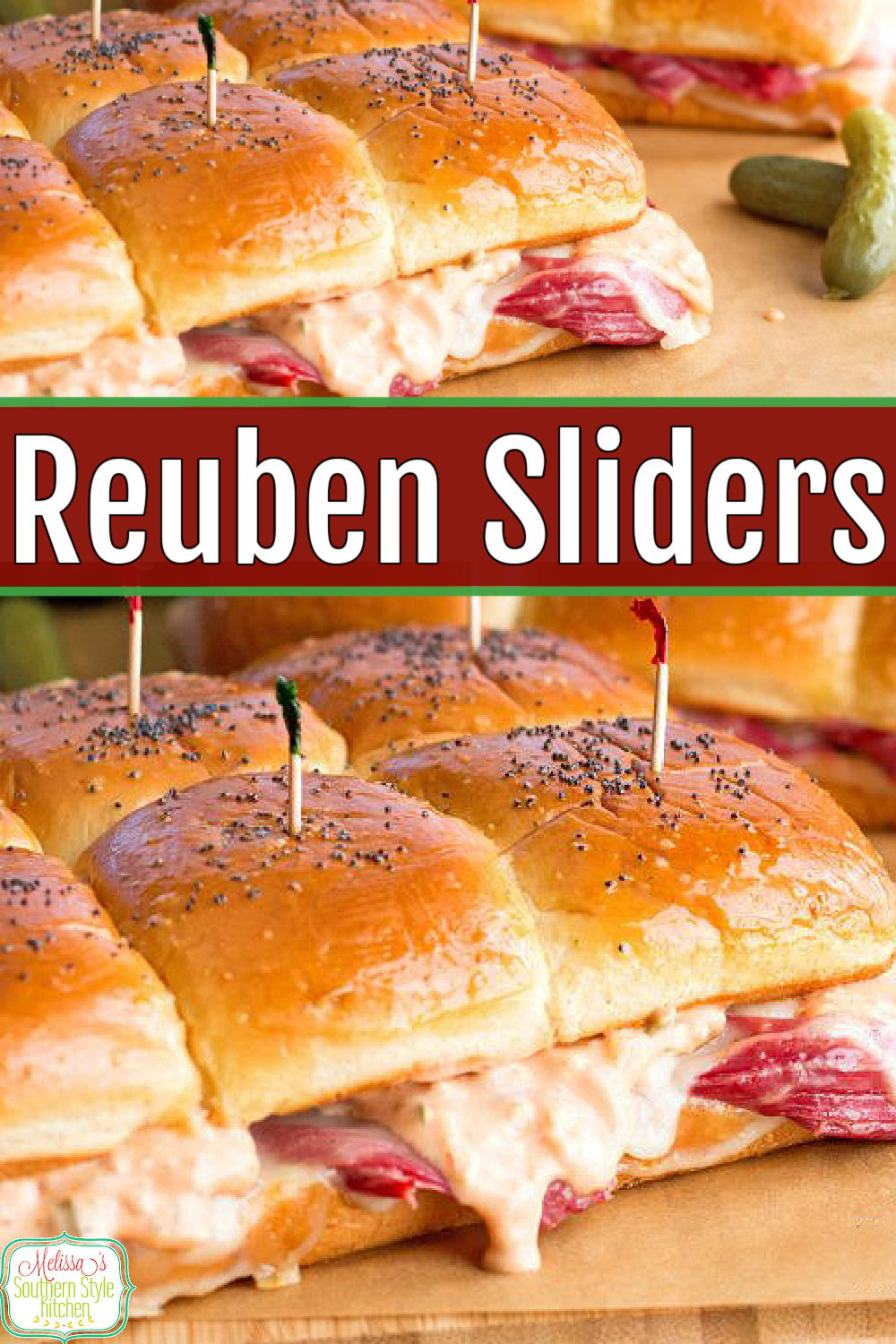 These mini Reuben Sliders are topped with a homemade Thousand Island dressing that's to die for! #reubensandwich #reubensliders #cornedbeef #cornedbeefrecipes #beef #partyfood #appetizers #sandwiches #thousandislanddressing #stpatricksday #stpaddys #footballfood via @melissasssk