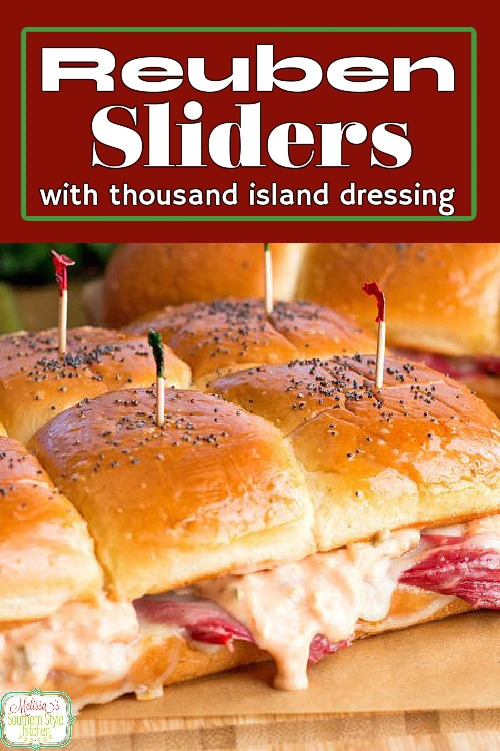 These mini Reuben Sliders are topped with a homemade Thousand Island dressing that's to die for! #reubensandwich #reubensliders #cornedbeef #cornedbeefrecipes #beef #partyfood #appetizers #sandwiches #thousandislanddressing #stpatricksday #stpaddys #footballfood via @melissasssk