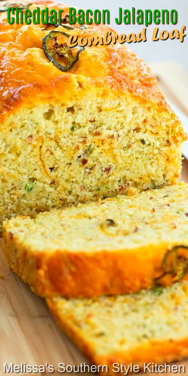 This amazing cornbread loaf is filled with bacon, diced jalapenos and plenty of cheese #cornbread #cornbreadrecipes #baconcornbread #jalapenocornbread #breadrecipes #southerncornbread #bread #southernfood #southernrecipes
