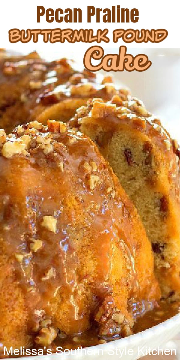 This buttery Pecan Praline Buttermilk Pound Cake is filled with toasted pecans and toffee bits then drizzled with a sweet pecan praline glaze #pralinepoundcake #pralinepecans #poundcakerecipes #pralines #cakes #cakerecipes #desserts #dessertfoodrecipes #holidaybaking #southernfood #southernrecipes