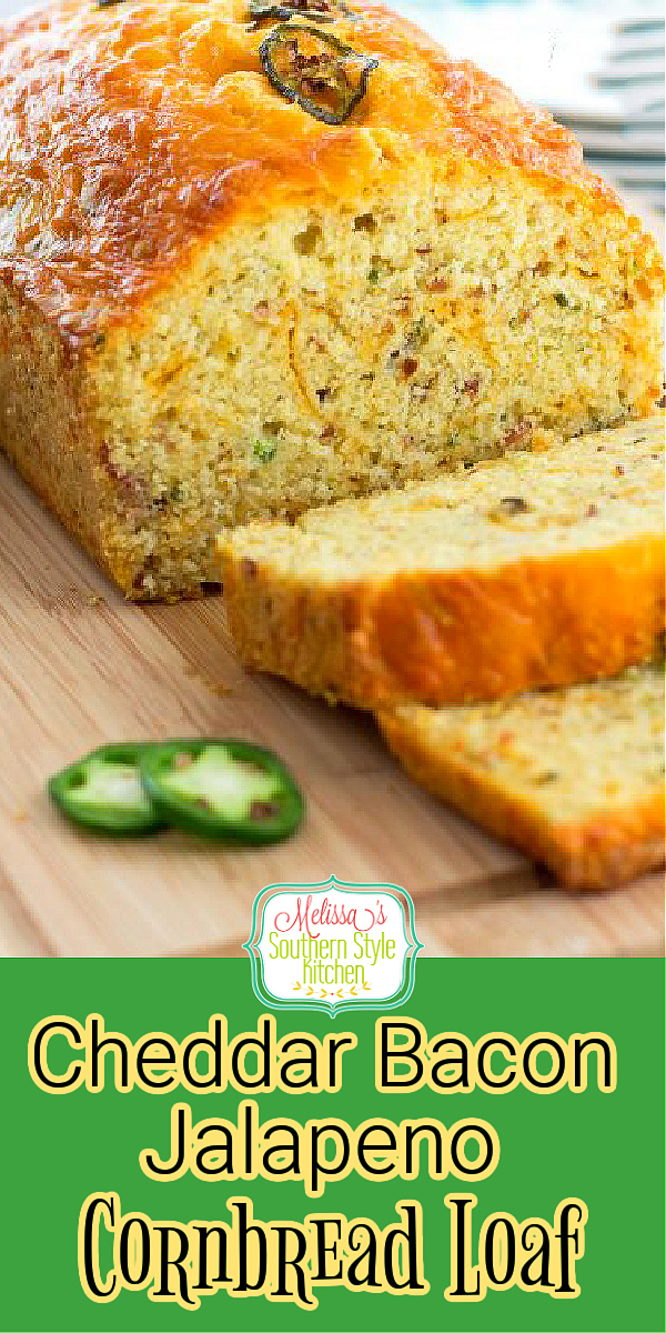 This amazing cornbread loaf is filled with bacon, diced jalapenos and plenty of cheese #cornbread #cornbreadrecipes #baconcornbread #jalapenocornbread #breadrecipes #southerncornbread #bread #southernfood #southernrecipes