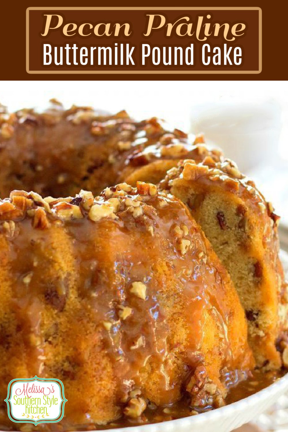 This buttery Pecan Praline Buttermilk Pound Cake is filled with toasted pecans and toffee bits then drizzled with a sweet pecan praline glaze #pralinepoundcake #pralinepecans #poundcakerecipes #pralines #cakes #cakerecipes #desserts #dessertfoodrecipes #holidaybaking #southernfood #southernrecipes via @melissasssk