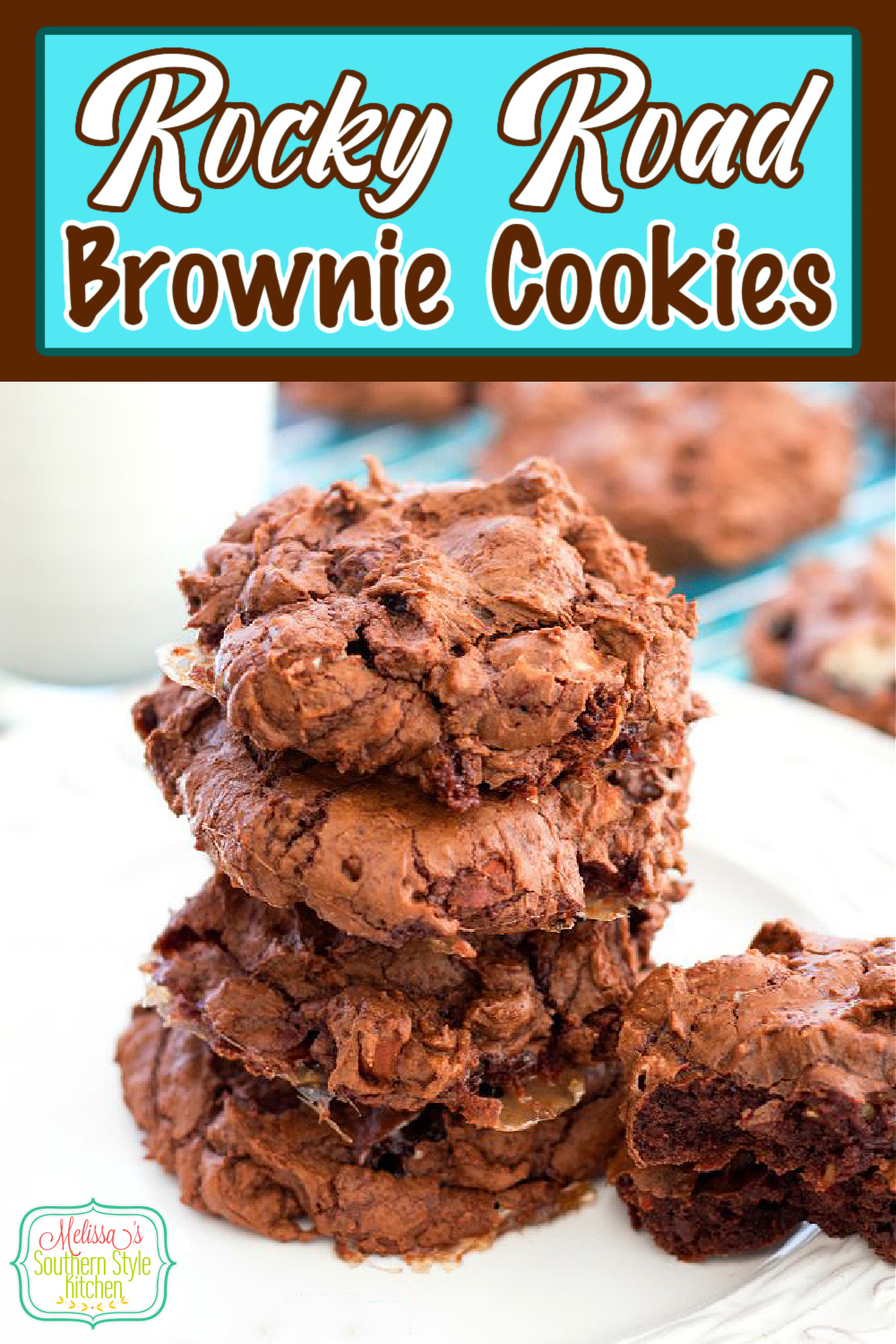 Brownies and rocky road candy collide in these fudgy  Rocky Road Brownie Cookies #browniecookies #rockyroad #rockyroadbrowniecookies #cookies #cookierecipes #desserts #dessertfoodrecipes #christmascookies #southernrecipes via @melissasssk