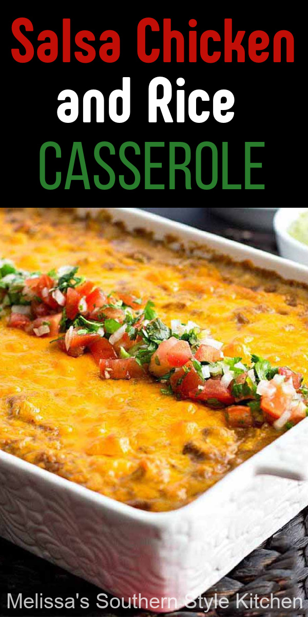 Mexican Salsa Chicken and Rice Casserole for a one dish homestyle fiesta #chickenandrice #chickencasseroles #mexicanchicken #salsachicken #easychickenrecipes #casseroles #southernfood #southernrecipes #dinnerideas