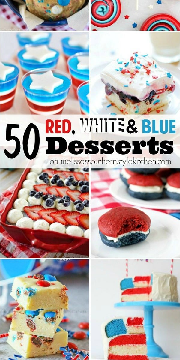 There's something for everyone in this delectable collection of 50 Red, White and Blue Desserts #desserts #july4th #memorialday #sweets #dessertfoodrecipes #southernfood #southernrecipes #cupcakes #picnicdesserts #whoopiepies #jello #suckers