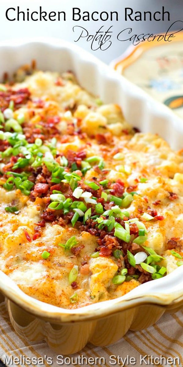 This Chicken Bacon Ranch Potato Casserole is packed with flavor and can double as a side dish or an entrée #potatocasseroles #chicken #chickenbaconranch #chickencasserole #easychickenrecipes #bestpotatocasserolerecipes #baconpotatoes #bacon #southernrecipes #southernfood #melissasssouthernstylekitchen #southernfood #potatoes #twicebakedpotatoes