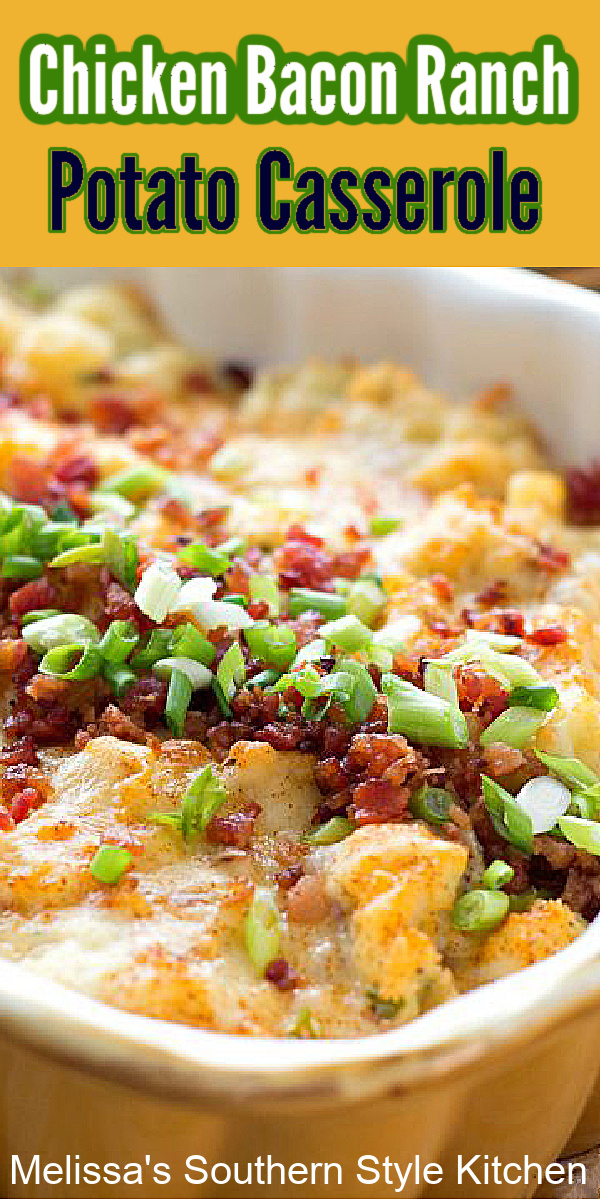 This Chicken Bacon Ranch Potato Casserole is packed with flavor and can double as a side dish or an entree #potatocasseroles #chicken #chickenbaconranch #chickencasserole #easychickenrecipes #bestpotatocasserolerecipes #baconpotatoes #bacon #southernrecipes #southernfood #melissasssouthernstylekitchen #southernfood #potatoes #twicebakedpotatoes