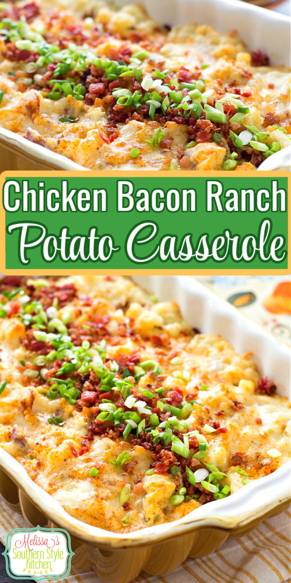 This Chicken Bacon Ranch Potato Casserole is packed with flavor and can double as a side dish or an entrée #potatocasseroles #chicken #chickenbaconranch #chickencasserole #easychickenrecipes #bestpotatocasserolerecipes #baconpotatoes #bacon #southernrecipes #southernfood #melissasssouthernstylekitchen #southernfood #potatoes #twicebakedpotatoes via @melissasssk