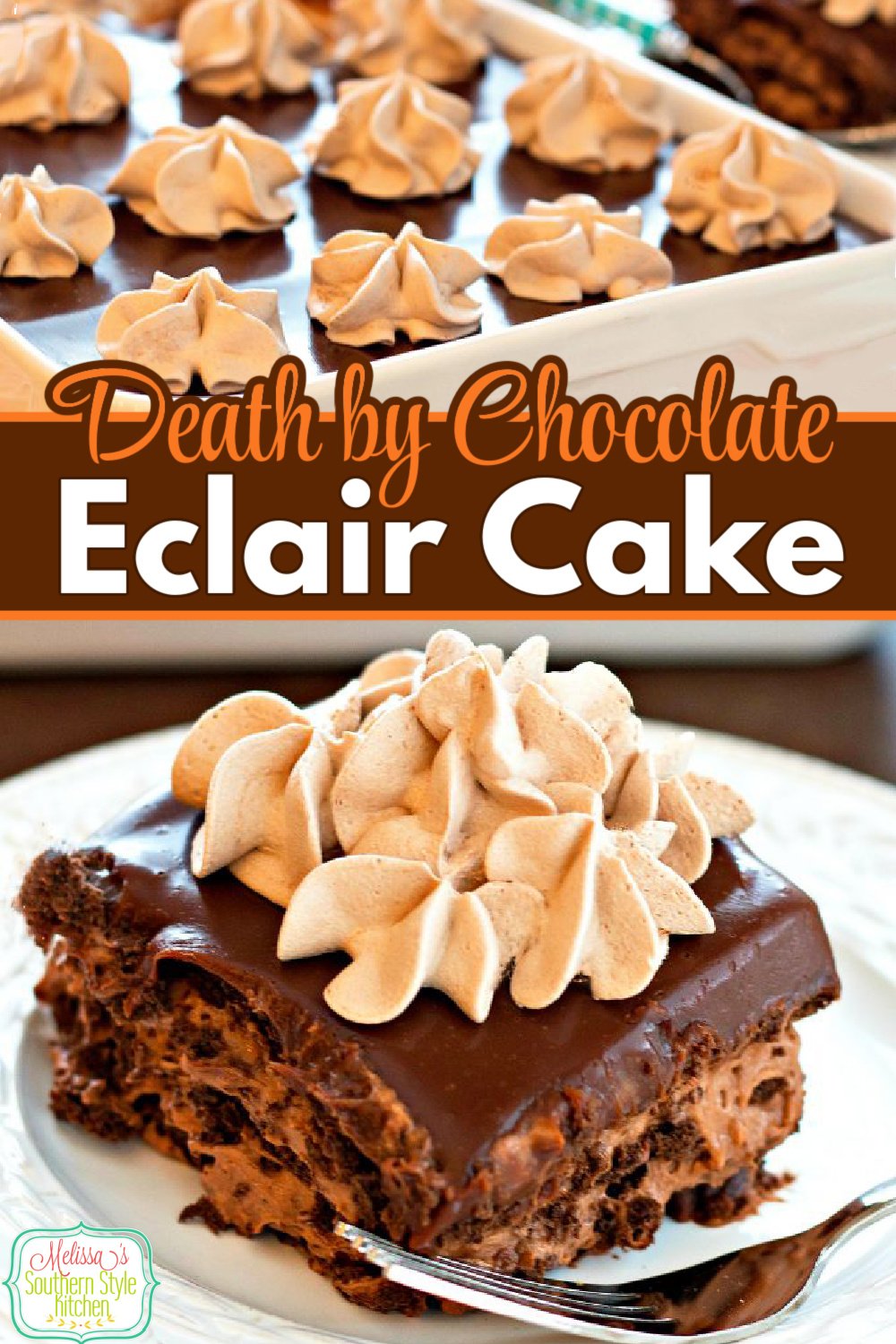 The perfect dessert for chocolate lovers to savor each and every decadent layer of this Death by Chocolate Eclair Cake #chocolateeclaircake #chocolatecake #eclaircake #cakes #cakerecipes #chocolatedessertrecipes #desserts #dessertfoodrecipes #nobakedesserts #southernfood #southernrecipes via @melissasssk