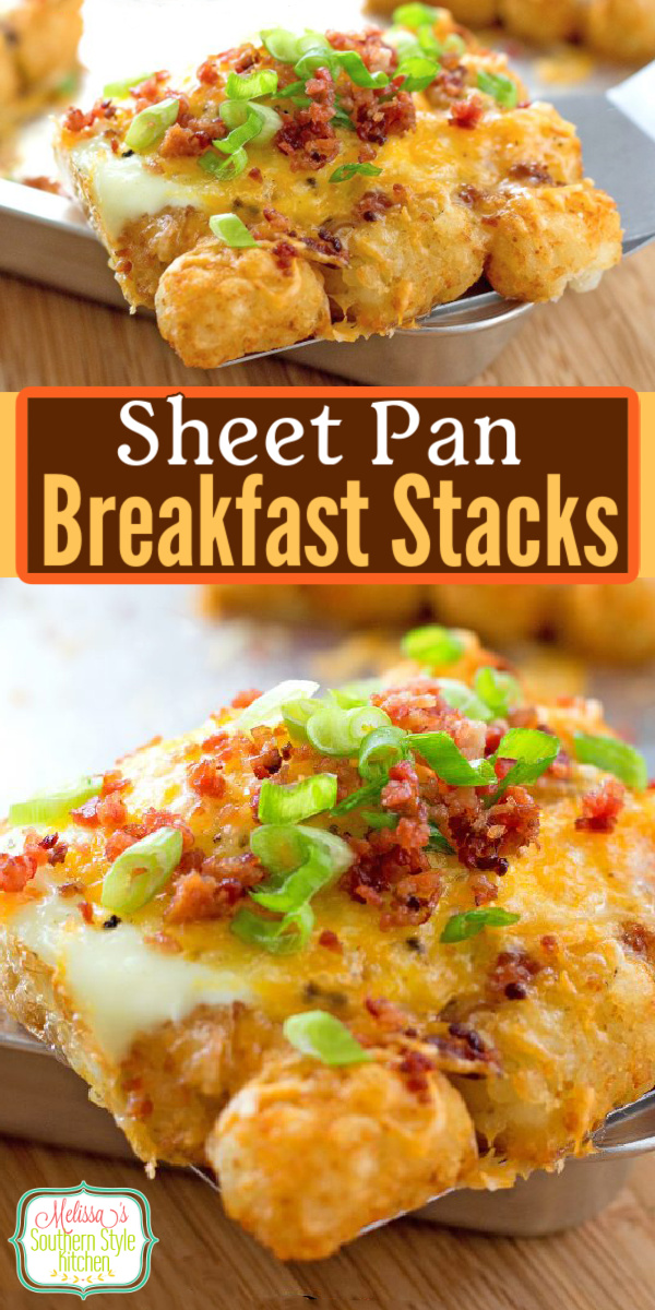 You can personalize each one of these breakfast stacks and bake them all at the same time with your favorite toppings #tatertots #breakfaststacks #brunch #eggs #holidayrecipes #holidaybrunch #baconandeggs #bacon #easyrecipes #dinnerideas #southernfood #southernrecipes #sheetpanmeals #sheetpanbreakfaststacks via @melissasssk