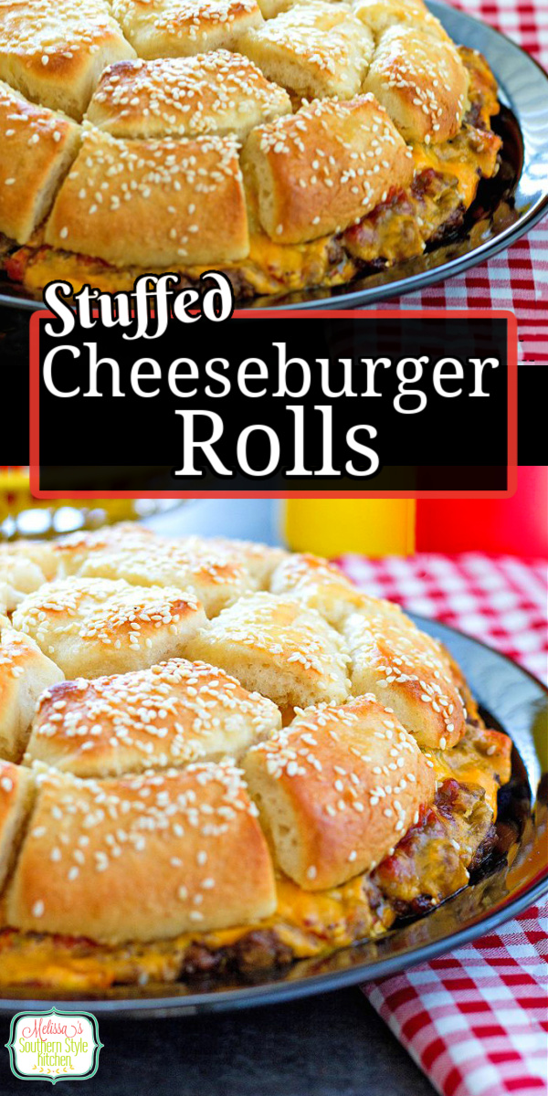 Skip the buns and make these pull apart Stuffed Cheeseburger Rolls for game day and casual meals. #cheeseburgers #burgers #rolls #cheeseburgerbread #cheese #dinnerideas #easyrecipes #southernfood #southernrecipes #groundbeefrecipes