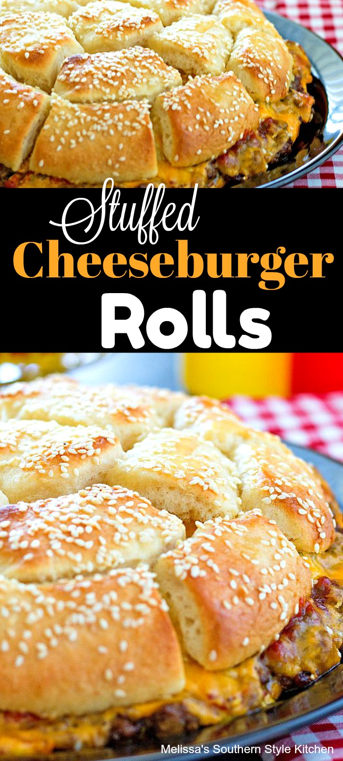 Skip the bun and make this pull apart Stuffed Cheeseburger Rolls #cheeseburgers #burgers #rolls #cheeseburgerbread #cheese #dinnerideas #easyrecipes #southernfood #southernrecipes #groundbeefrecipes