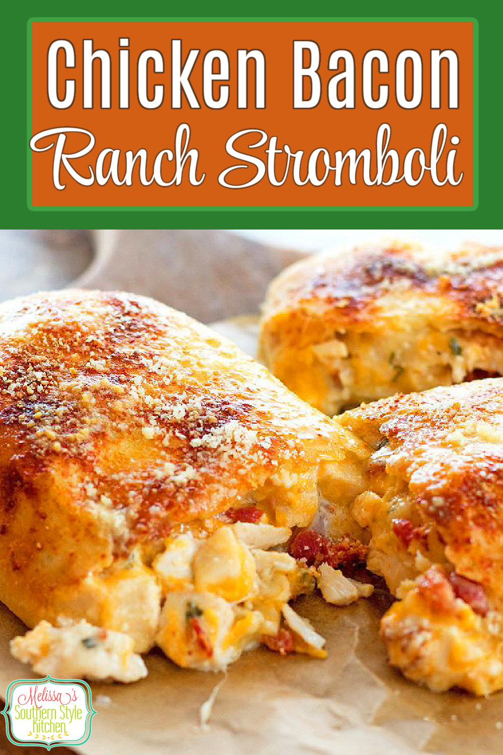 This family-style stromboli is filled with chicken, bacon, ranch and plenty of cheese #chickenstromboli #strombolirecipes #chickenbaconranch #bacon #easychickenrecipes #dinner #dinnerideas #30minutemeals #pizza #southernfood #southernrecipes via @melissasssk