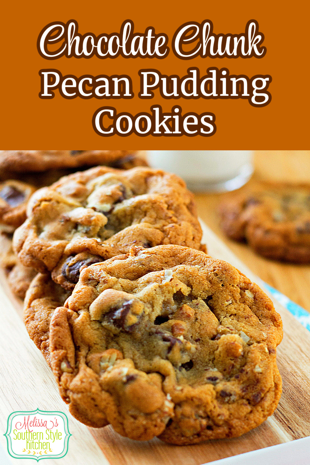 These Chocolate Chunk Pecan Pudding Cookies won't last long in your cookie jar #chocolatechunkcookies #puddingcookies #pecans #cookierecipes #easucookierecipes #chocolate #Christmascookies #chocolatecookies #southernrecipes