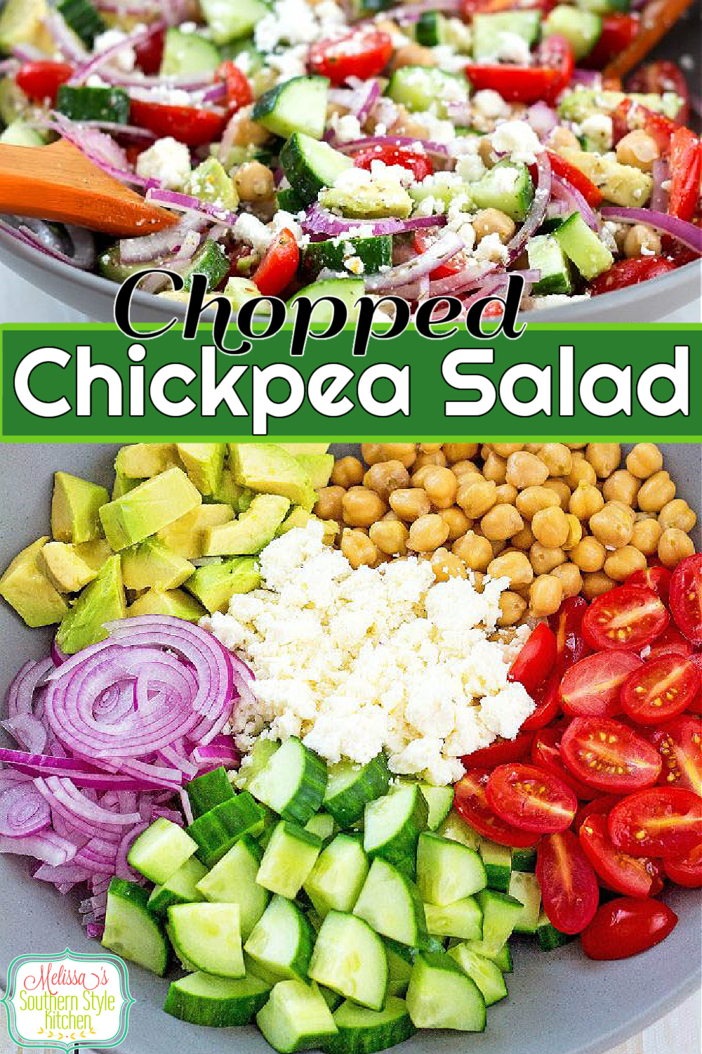 This fresh veggie filled Chopped Chickpea Salad with Avocado can be served as side dish or a light meal. #chickpeas #chickpeasalad #saladrecipes #healthysalads #healthyrecipes #vegetarian #avocadorecipes #southernsides #southernrecipes #picnicsides via @melissasssk