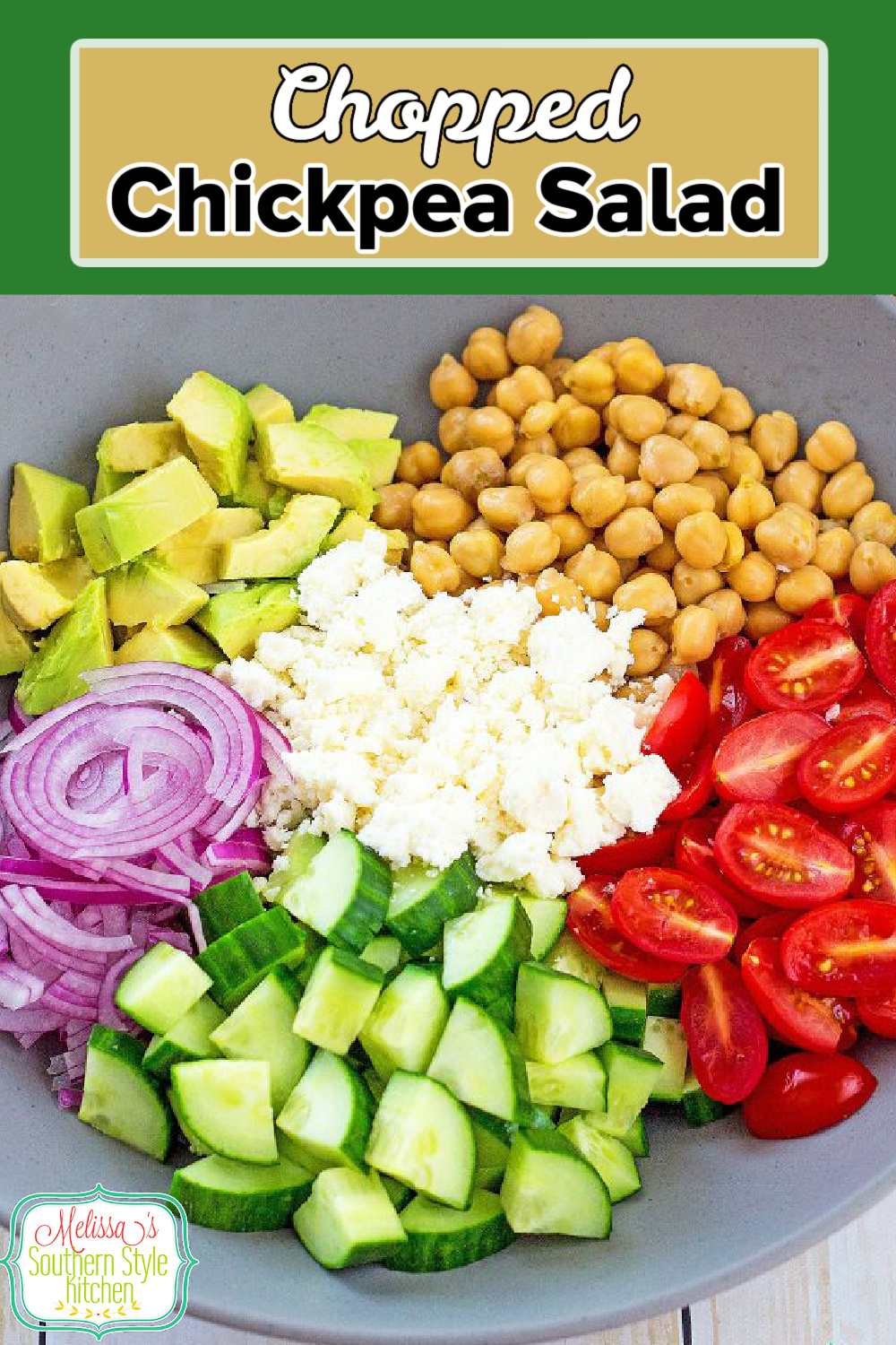 This fresh veggie filled Chopped Chickpea Salad with Avocado can be served as side dish or a light meal. #chickpeas #chickpeasalad #saladrecipes #healthysalads #healthyrecipes #vegetarian #avocadorecipes #southernsides #southernrecipes #picnicsides via @melissasssk