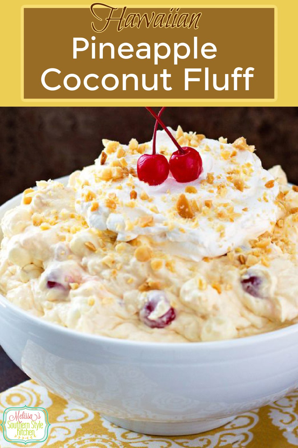 You can whip-up a batch of the island inspired fluff for dessert in a snap! #pineapplefluff #hawaiianfluff #pineapplecoconutfluff #easyrecipes #nobakedesserts #desserts #dessertfoodrecipes #coconut #holidayrecipes #sweets #southernfood #southernrecipes