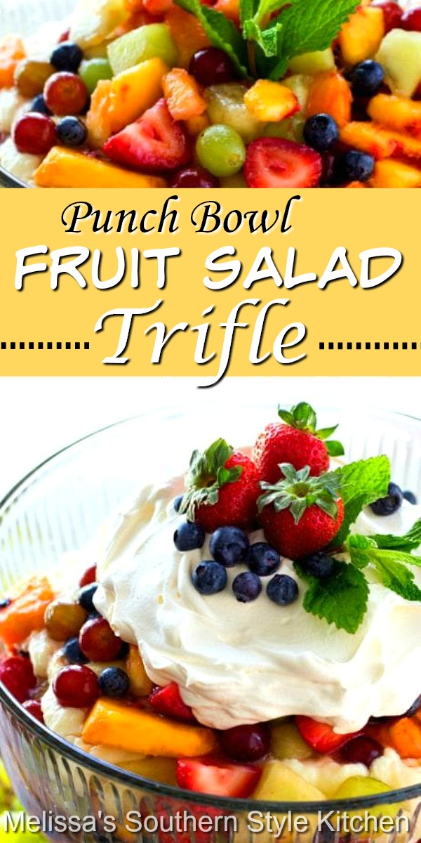 This luscious Fruit Salad Trifle is layered with a luscious cheesecake-like filling #fruitsalad #fruit #mixedfruit #punchbowl #fruitsaladtrifle #fruitsaladrecipes #berrysalad #sweets #desserts #trifles #dessertdoodrecipes #triflerecipes #southernfood #southernrecipes