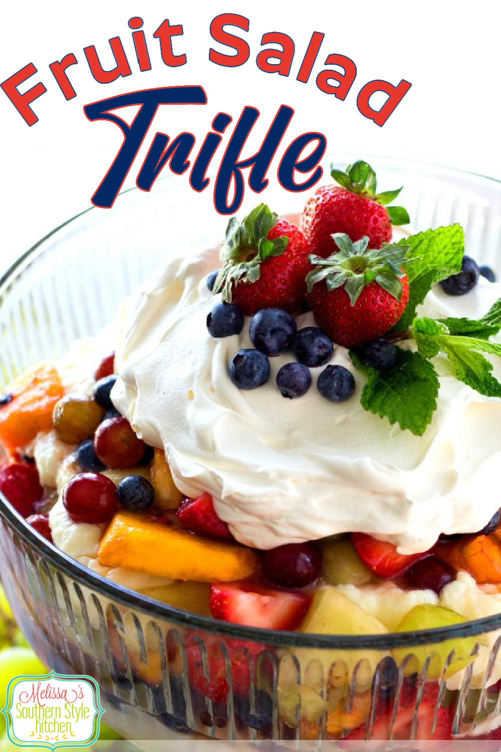This luscious Fruit Salad Trifle is layered with a luscious cheesecake-like filling #fruitsalad #fruit #mixedfruit #punchbowl #fruitsaladtrifle #fruitsaladrecipes #berrysalad #sweets #desserts #trifles #dessertdoodrecipes #triflerecipes #southernfood #southernrecipes via @melissasssk