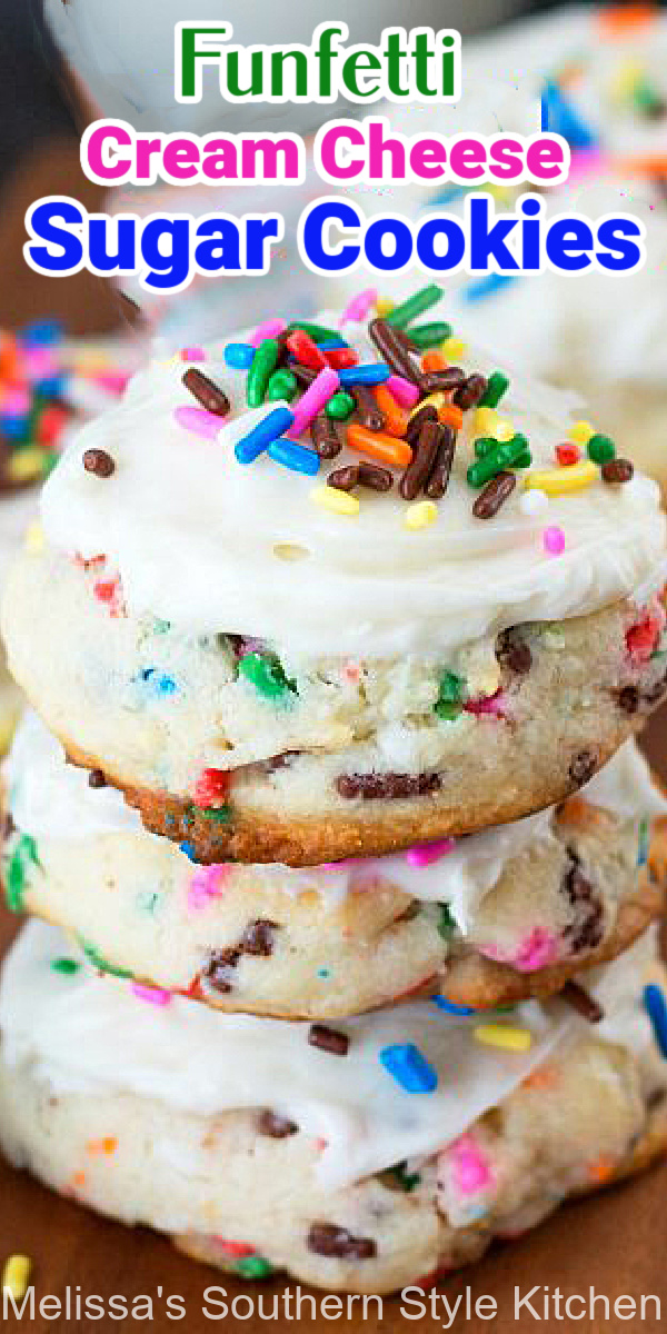 These Funfetti Cream Cheese Sugar Cookies are like a party in your mouth #sugarcookierecipes #funfettisugarcookies #cookierecipes #sugarcookies #creamcheesesugarcookies #desserts #christmascookies #birthdayparty #southernrecipes #sprinklescookies