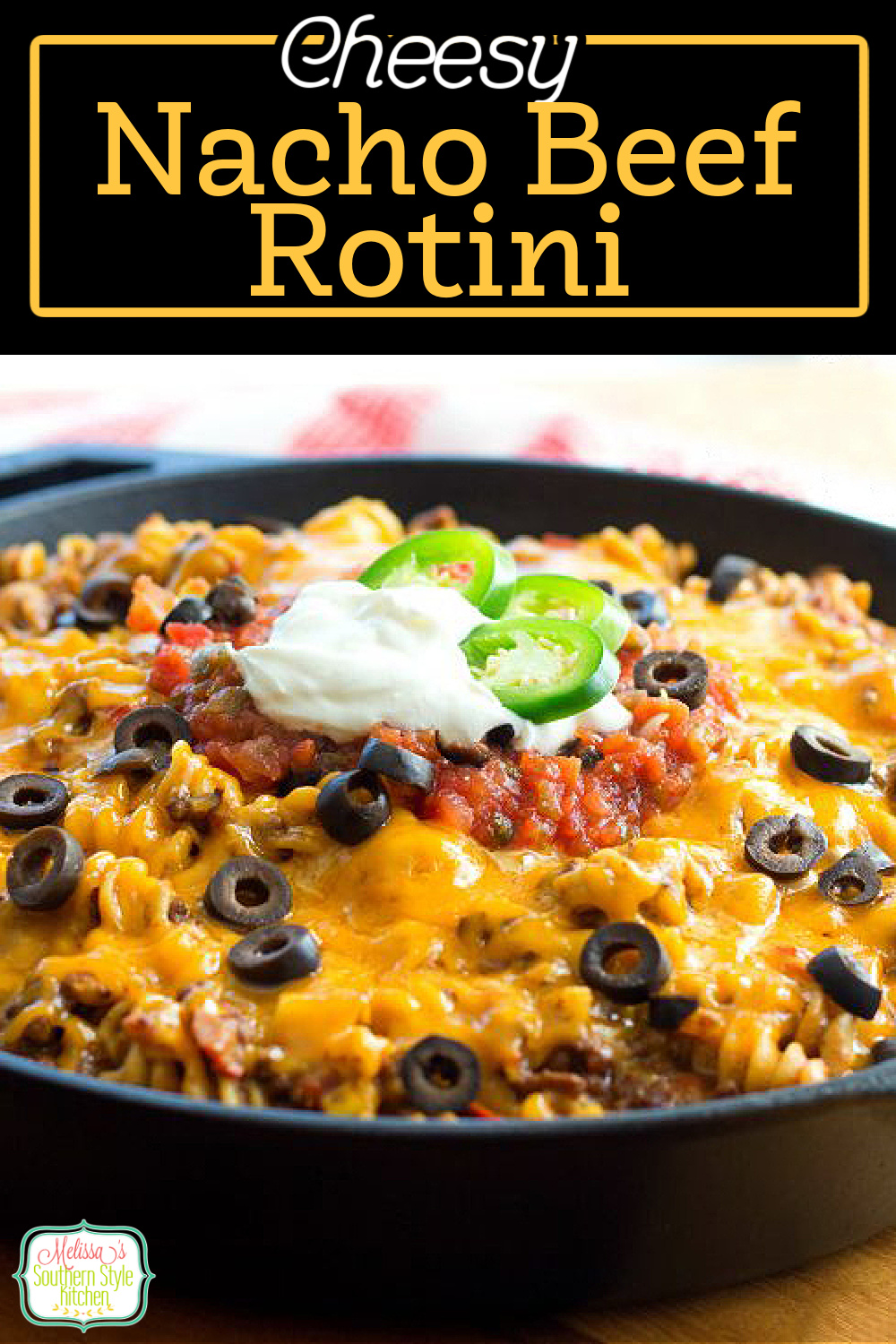 The family will love this Cheesy Nacho Beef Rotini for dinner any night of the week #nachos #nachobeef #cheesynachos #rotini #pasta #nachopastarecipes #dinner #easygroundbeefrecipes #beef #dinnerideas #tacotuewsday #southernfood #southernrecipes #castironcooking via @melissasssk