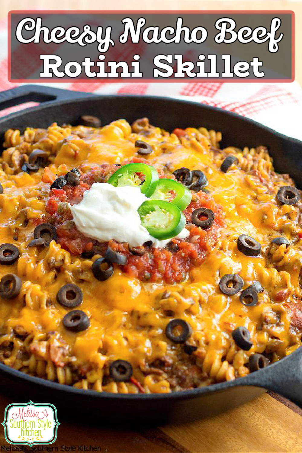 The family will love this nacho flavored pasta skillet for dinner any night of the week #nachos #nachobeef #cheesynachos #rotini #pasta #nachopastarecipes #dinner #easygroundbeefrecipes #beef #dinnerideas #tacotuewsday #southernfood #southernrecipes #castironcooking
