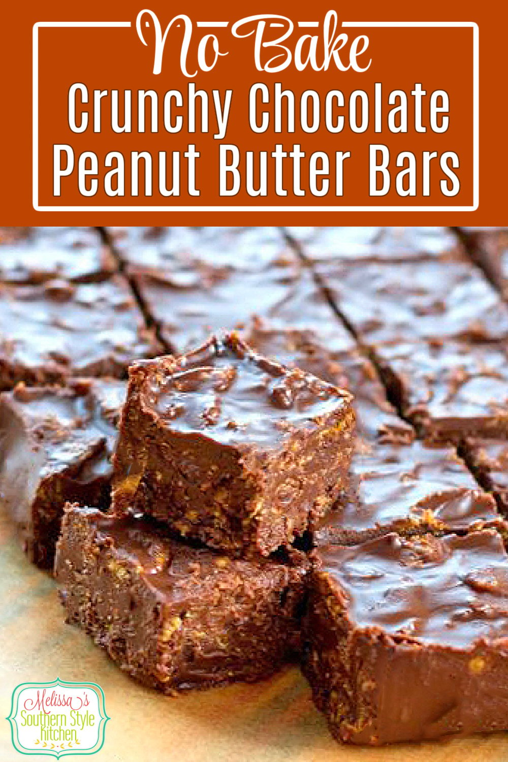Satisfy your sweets craving with these crunchy No Bake Chocolate Peanut Butter Bars. #chocolatepeanutbutterbars #crunchbars #candyrecipes #peanutbutter #nobakedesserts #nobakebars #holidayrecipes #christmascandy #peanutbutter via @melissasssk