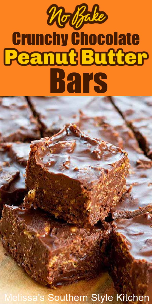Satisfy your sweets craving with these crunch bars that require no oven time at all #chocolatepeanutbutterbars #crunchbars #candyrecipes #peanutbutter #nobakedesserts #nobakebars #holidayrecipes #christmascandy #peanutbutter