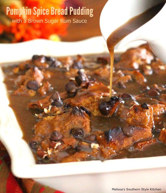 pumpkin-spice-bread-pudding-with-chocolate-chips-pecans-and-a-brown-sugar-rum-sauce