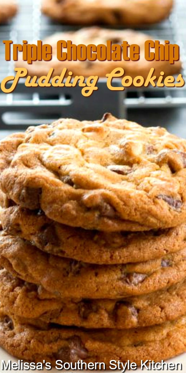 These addictive Triple Chocolate Chip Pudding Cookies won't last long in your cookie jar! #chocolatechipcookies #puddingcookies #cookies #cookierecipes #holidaybaking #christmascookies #cookie #chocolate #desserts #dessertfoodrecipes #southernfood #southernrecipes #triplechocolatechipcookies #bestcookierecipes