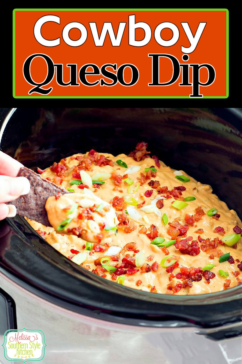 Simmer this flavorful Kickin' Cowboy Queso Dip in your slow cooker #queso #quesodip #diprecipes #cheesedip #cheese #easyrecipes #footballfood #partyfood #appetizers #crockpotrecipes #slowcookerrecipes via @melissasssk