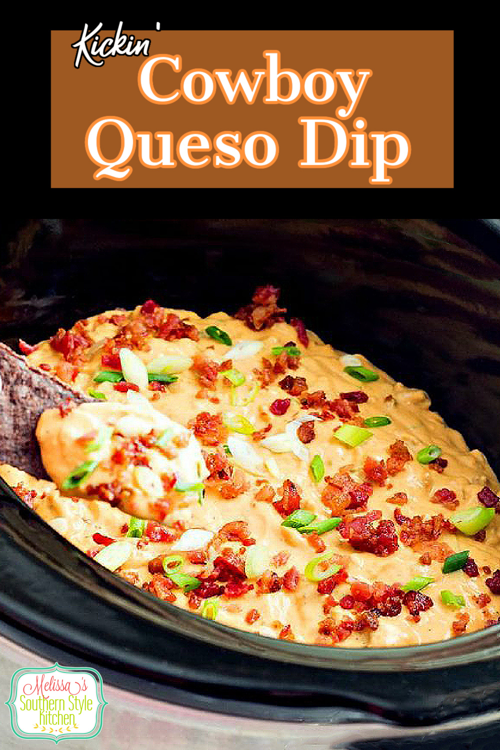 Simmer this flavorful Kickin' Cowboy Queso Dip in your slow cooker #queso #quesodip #diprecipes #cheesedip #cheese #easyrecipes #footballfood #partyfood #appetizers #crockpotrecipes #slowcookerrecipes