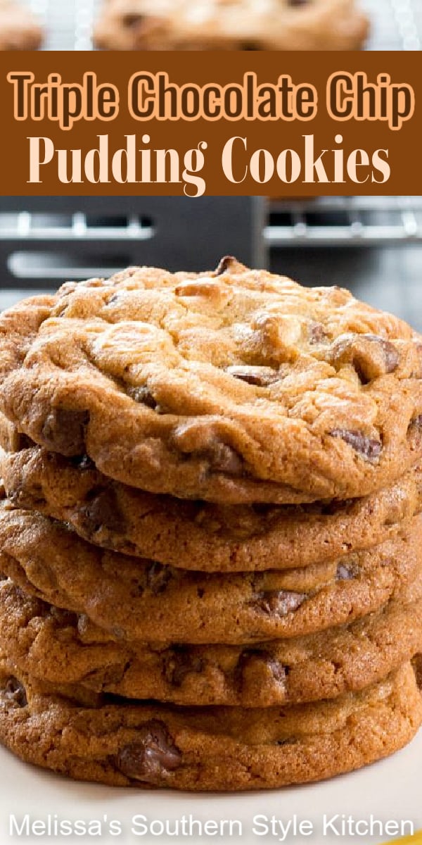 These addictive Triple Chocolate Chip Pudding Cookies won't last long in your cookie jar! #chocolatechipcookies #puddingcookies #cookies #cookierecipes #holidaybaking #christmascookies #cookie #chocolate #desserts #dessertfoodrecipes #southernfood #southernrecipes #triplechocolatechipcookies #bestcookierecipes