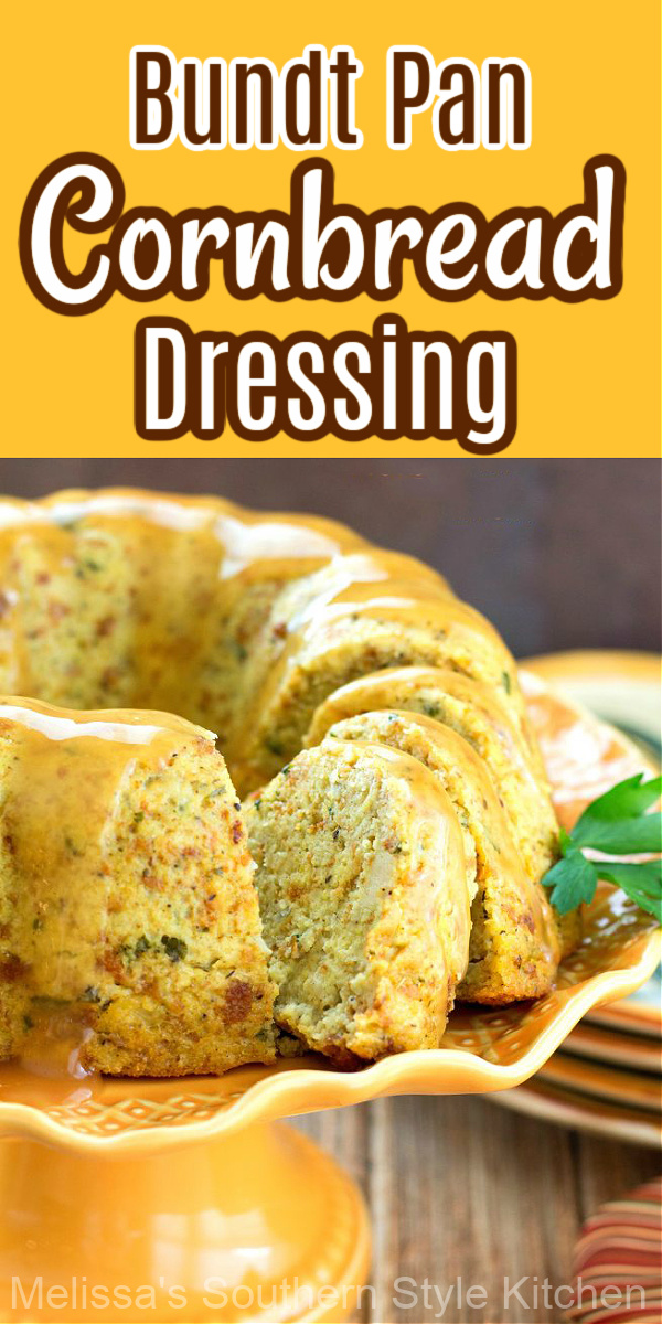 Make mouthwatering Bundt Pan Herbed Corn Bread Dressing for Thanksgiving drizzled with gravy #bundtpandressing #cornbreaddressing #southernfood #cornbread #cornbreaddressingrecipes #southernrecipes #thanksgiving #holidaysides #sidedishrecipes