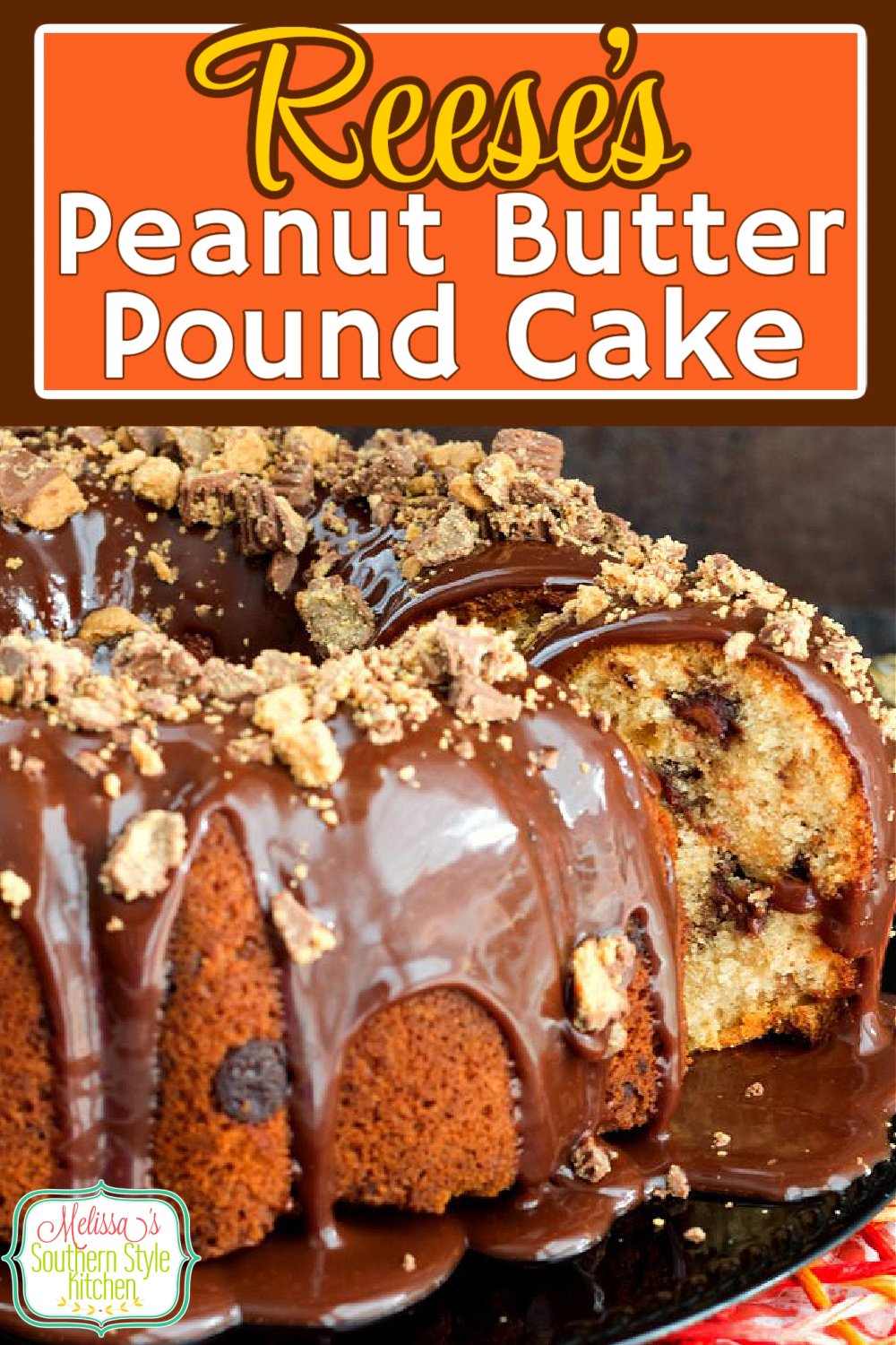 Peanut butter cups and pound cake collide in this delectable chocolate drizzled Reese's Peanut Butter Pound Cake #reesescups #reesescake #reesespoundcake #cakerecipes #poundcake #peanutbutter #chocolate #cakerecipes #cake #holidaybaking #holidays #southernfood #southernrecipes via @melissasssk