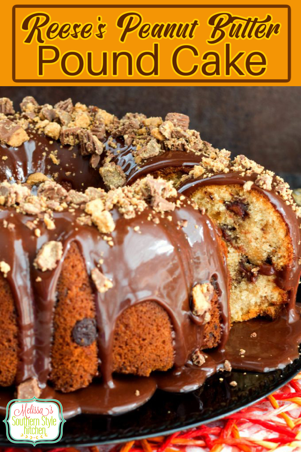 Peanut butter cups and pound cake collide in this delectable chocolate drizzled Reese's Peanut Butter Pound Cake #reesescups #reesescake #reesespoundcake #cakerecipes #poundcake #peanutbutter #chocolate #cakerecipes #cake #holidaybaking #holidays #southernfood #southernrecipes