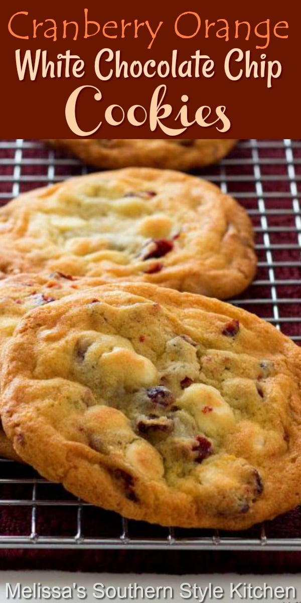 These buttery cookies are infused with the flavors of cranberry and orange zest and filled with creamy white chocolate chips #cranberrycookies #cranberryorange #cookies #cookierecipes #baking #holidaybaking #branberry #whitechocolatechipcookies #whitechocolate #christmascookies
