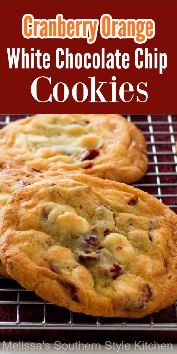 These buttery cookies are infused with the flavors of cranberry and orange zest and filled with creamy white chocolate chips #cranberrycookies #cranberryorange #cookies #cookierecipes #baking #holidaybaking #branberry #whitechocolatechipcookies #whitechocolate #christmascookies via @melissasssk