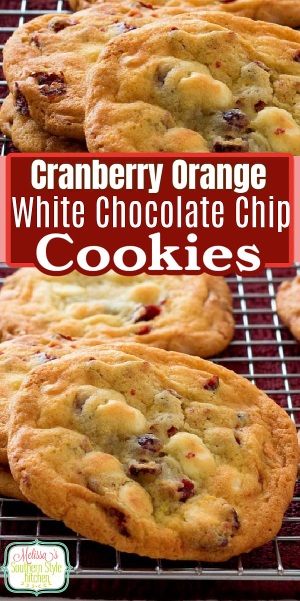 These buttery cookies are infused with the flavors of cranberry and orange zest and filled with creamy white chocolate chips #cranberrycookies #cranberryorange #cookies #cookierecipes #baking #holidaybaking #branberry #whitechocolatechipcookies #whitechocolate #christmascookies via @melissasssk