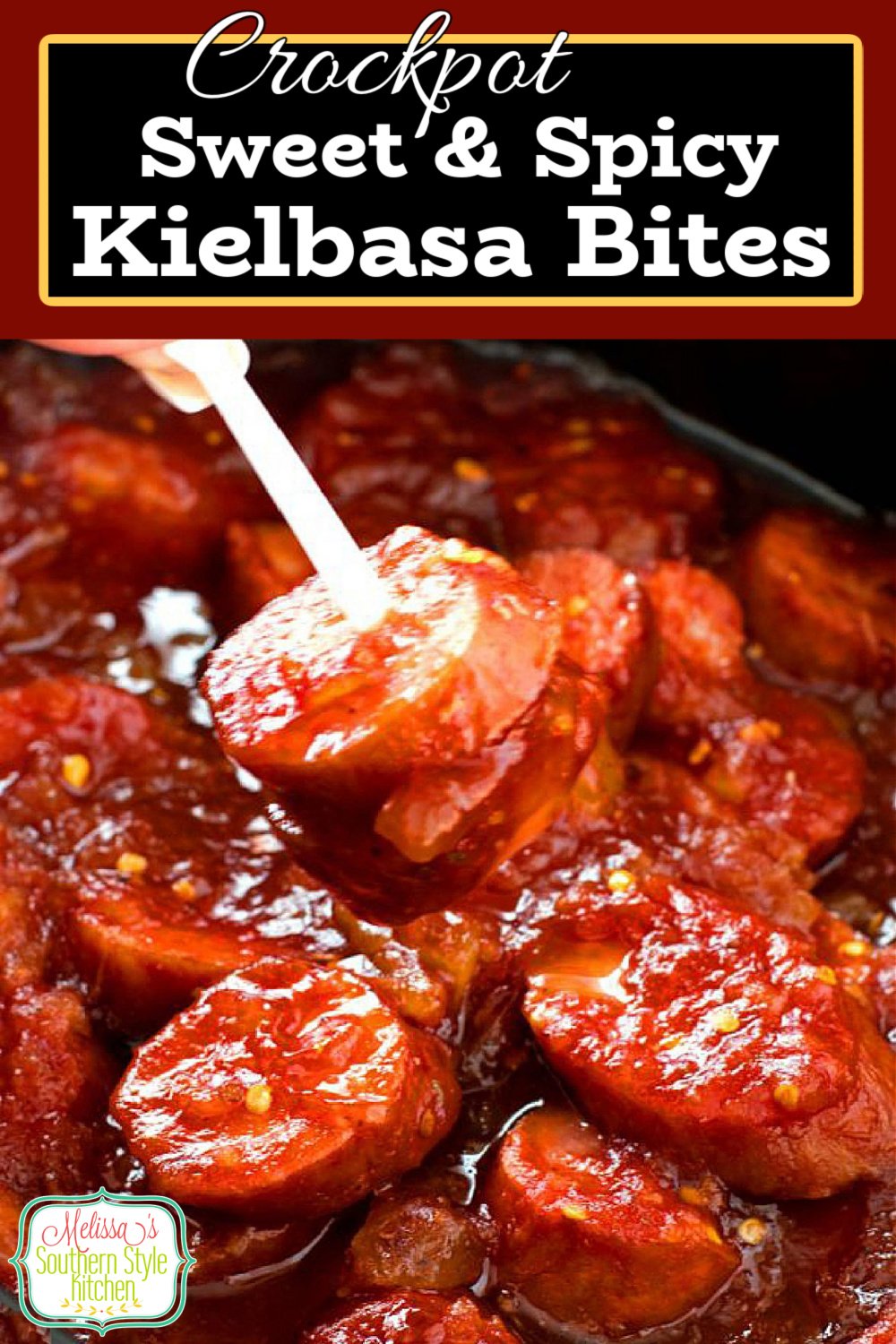These Crockpot Sweet and Spicy Kielbasa Bites are perfect for casual entertaining, holiday and game day snacking #kielbasabites #crockpotrecipes #recipes #appetizerrecipes #kielbasa #sweetandspicykielbasabites #sausages #slowcookerrecipes #southernfood #southernrecipes #footballfood #newyearseve #partyfoodrecipes