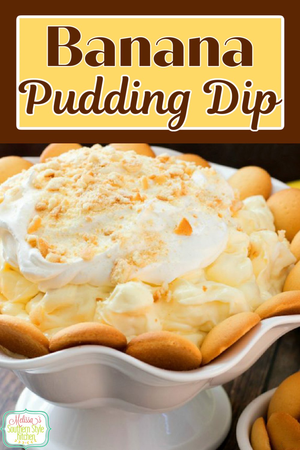 Banana pudding fan will flip for this dessert served with vanilla wafers for dipping! #bananapudding #bananas #pudding #diprecipes #bananapuddingdip #sweets #desserts #dessertfoodrecipes #easyrecipes #holidayrecipes #southernfood #southernrecipes via @melissasssk