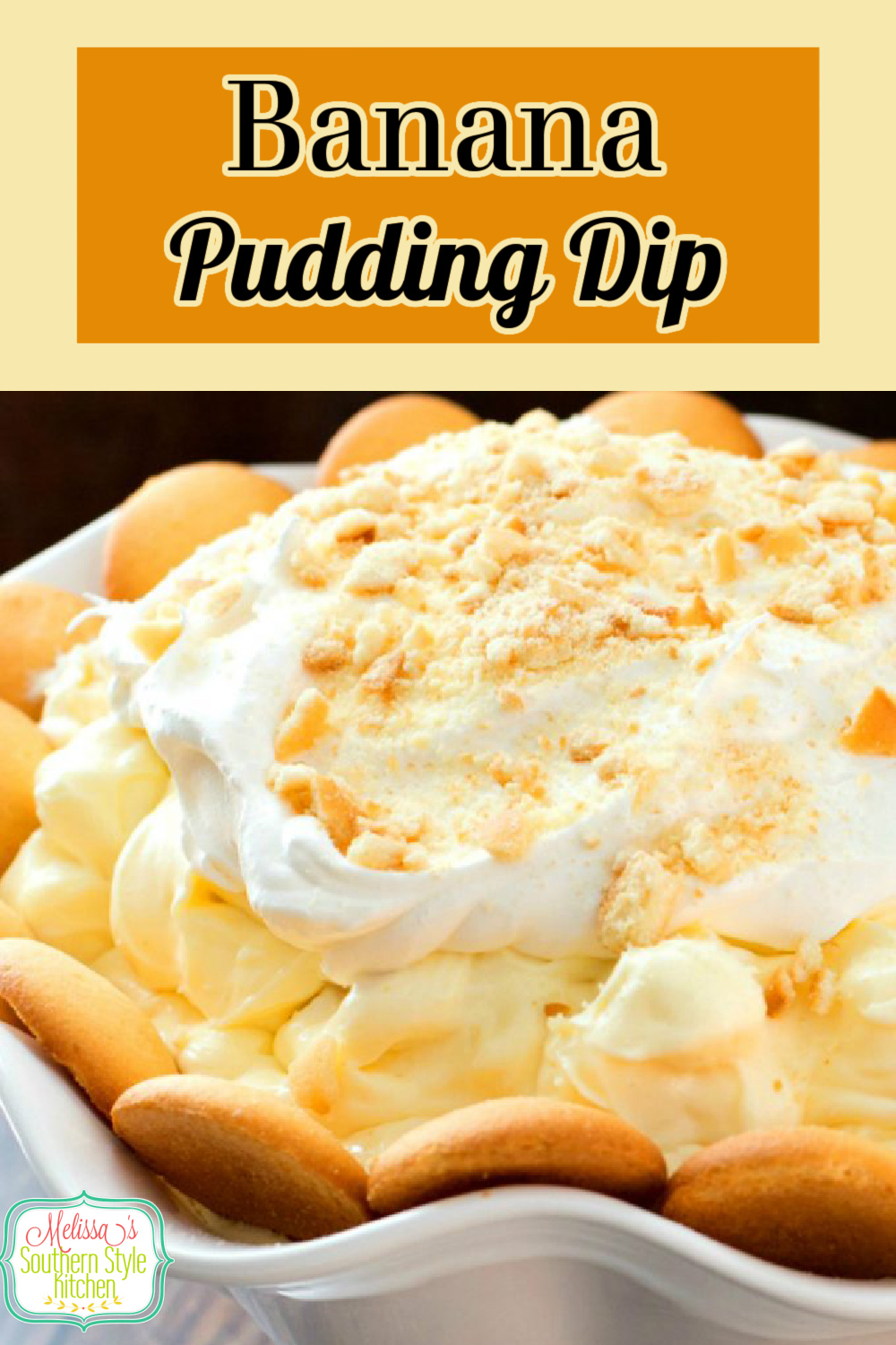 Banana pudding fan will flip for this dessert served with vanilla wafers for dipping! #bananapudding #bananas #pudding #diprecipes #bananapuddingdip #sweets #desserts #dessertfoodrecipes #easyrecipes #holidayrecipes #southernfood #southernrecipes