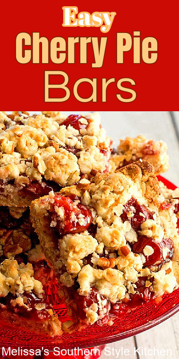 These Easy Cherry Pie Crumb Bars are a simple-to-make handheld treat that require just a few pantry ingredients to pull together #cherrypie #cherrypiebars #easycookiebars #cherrypie #cherrypierecipes #pies #desserts #cakemixhacks