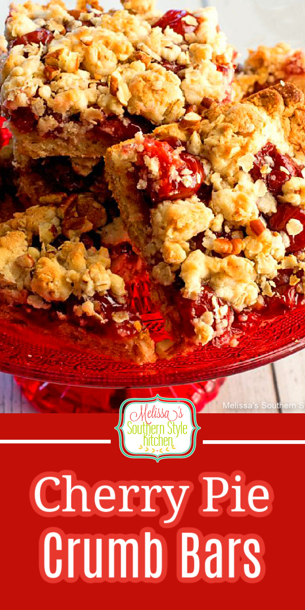 These Easy Cherry Pie Crumb Bars are a simple-to-make handheld treat that require just a few pantry ingredients to pull together #cherrypie #cherrypiebars #easycookiebars #cherrypie #cherrypierecipes #pies #desserts #cakemixhacks