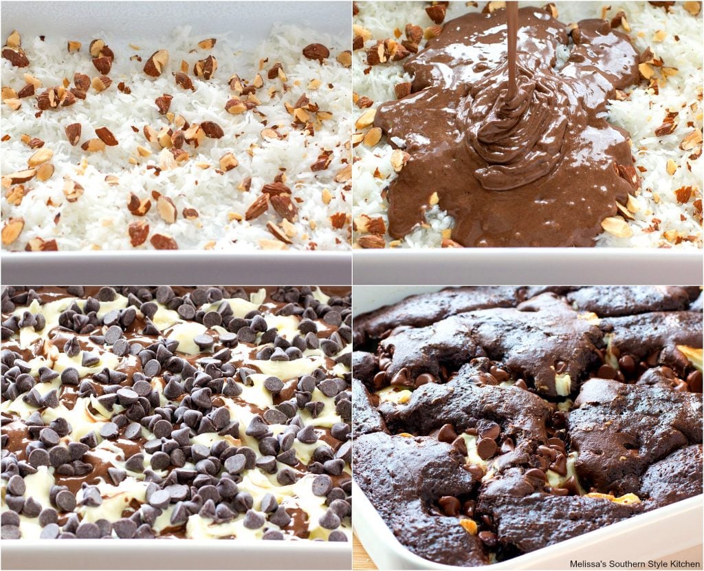 Step-by-step preparation and ingredients for Almond Joy Earthquake Cake